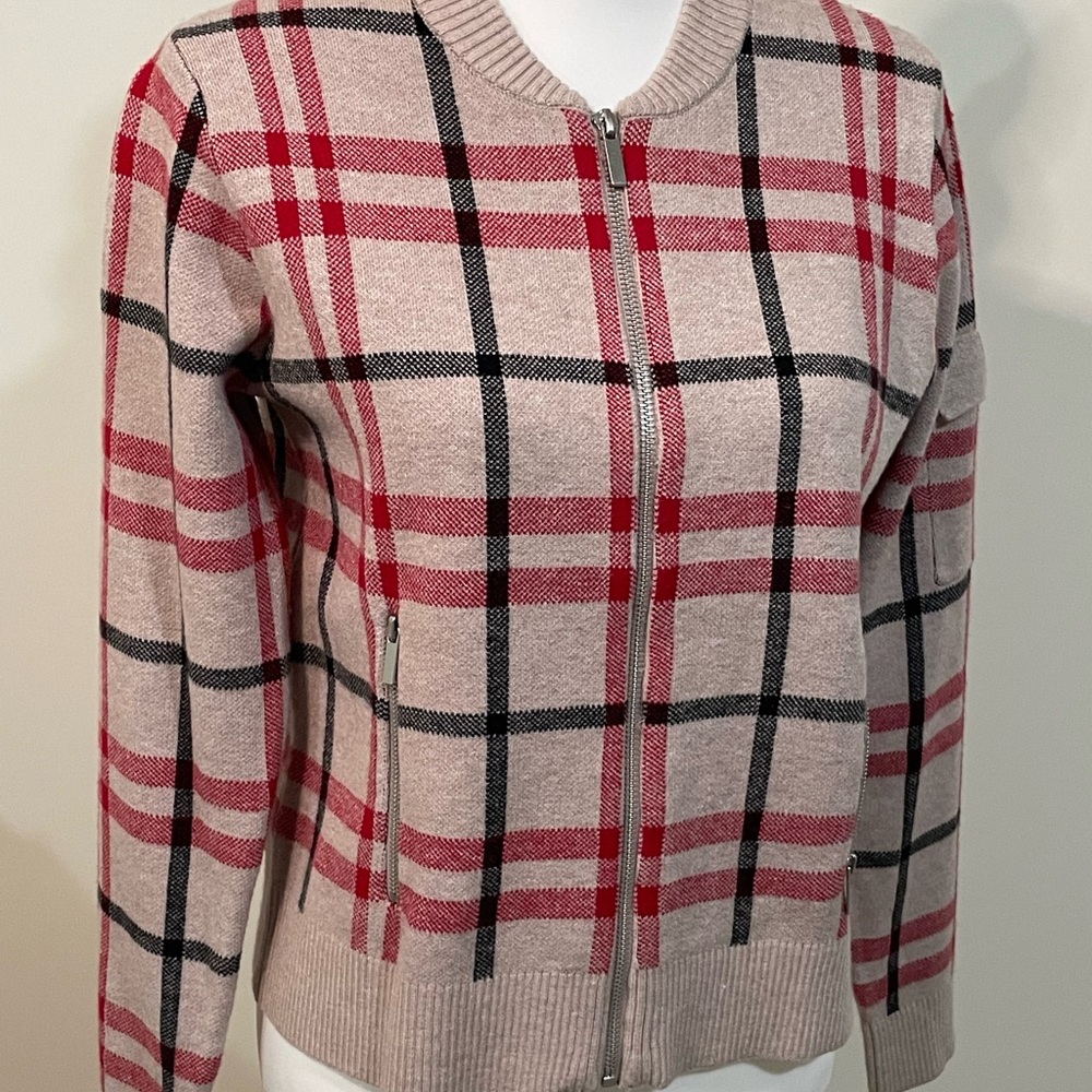 Cynthia Rowley Plaid Zip Front Bomber Sweater